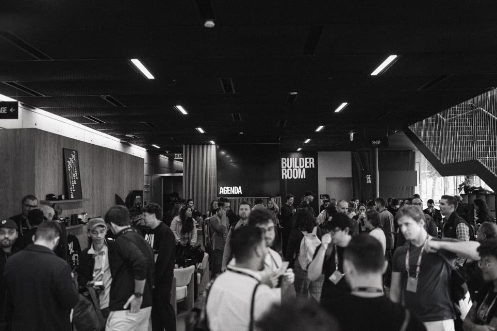 A crowd of attendees outside the Builder Room