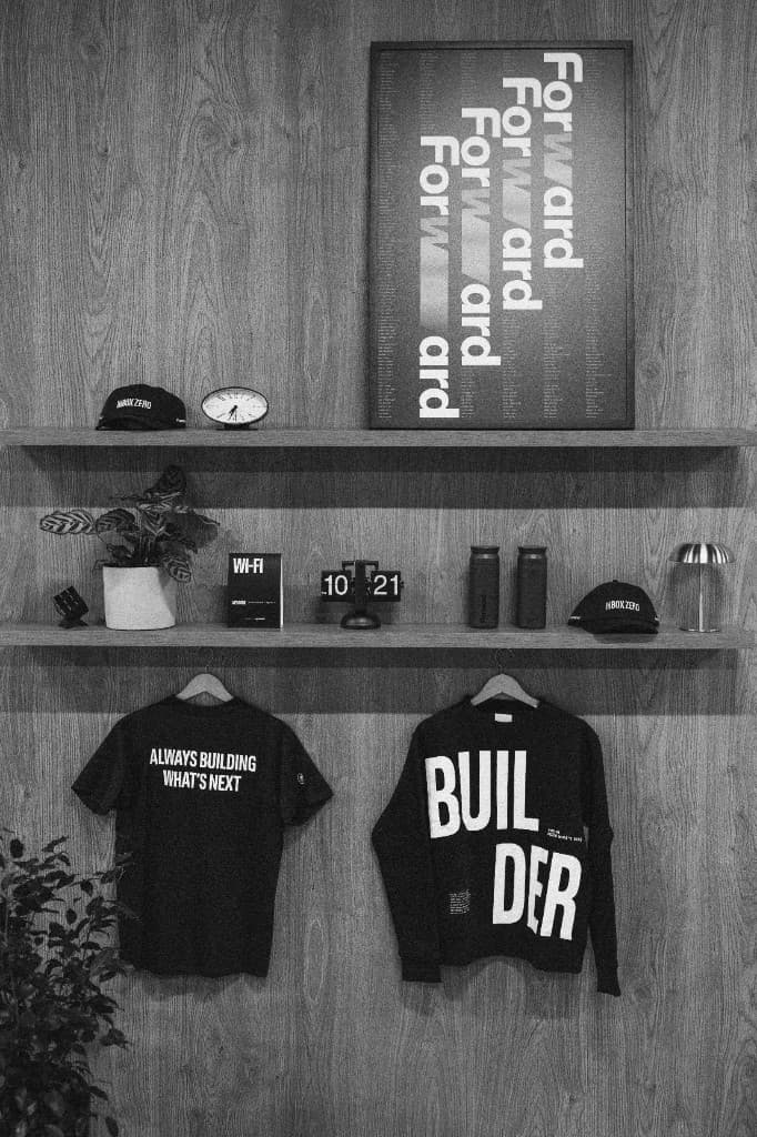 Forward merch and posters on the lobby shelves